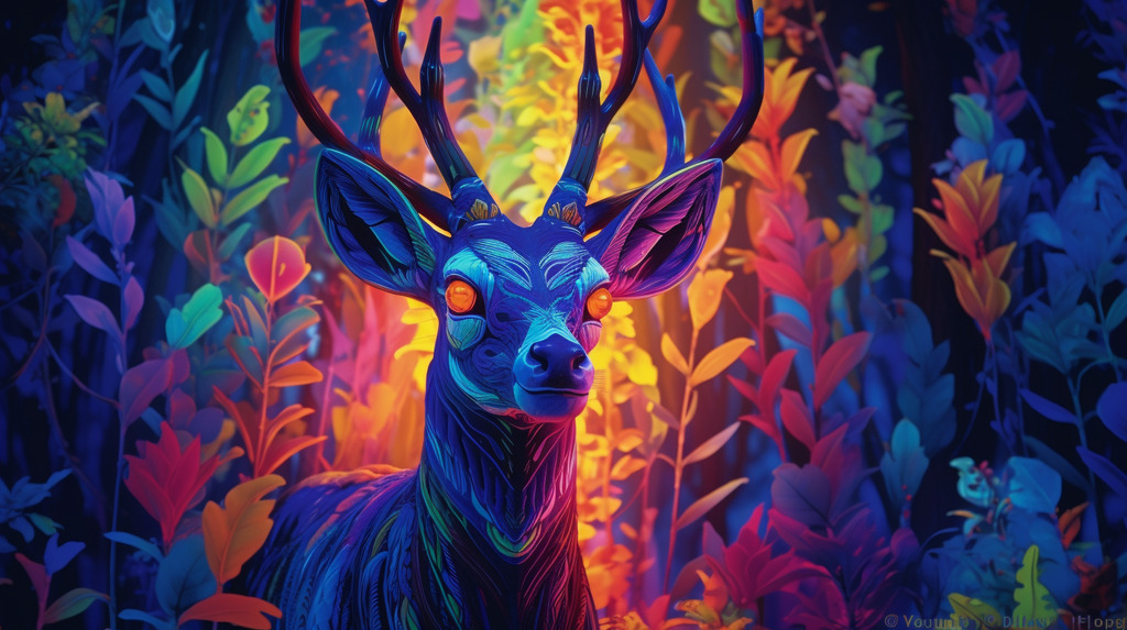 AI caption: a deer in a colorful forest, abstract
