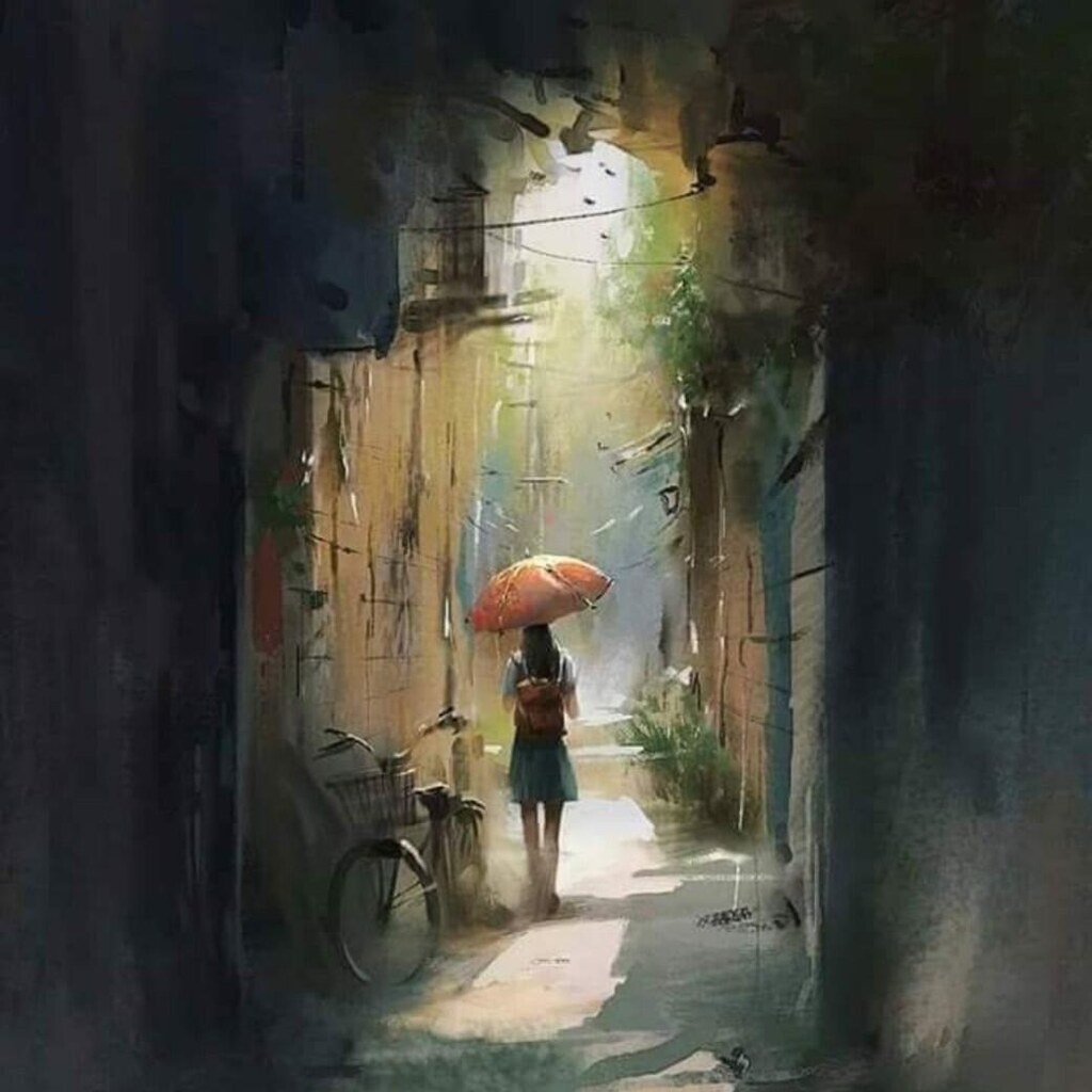 AI caption: a painting of a woman walking down an alley with an umbrella, watercolor