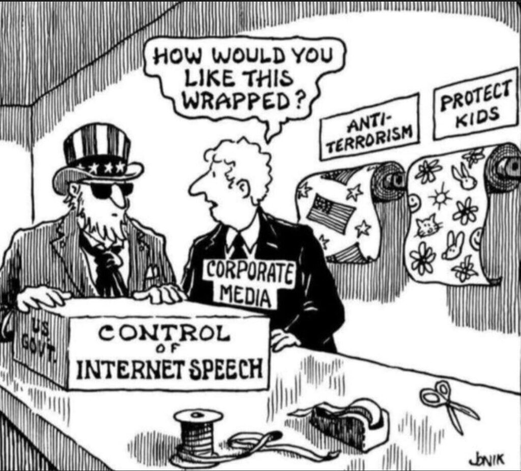 AI caption: a cartoon of a man and woman talking about internet speech, cartoon