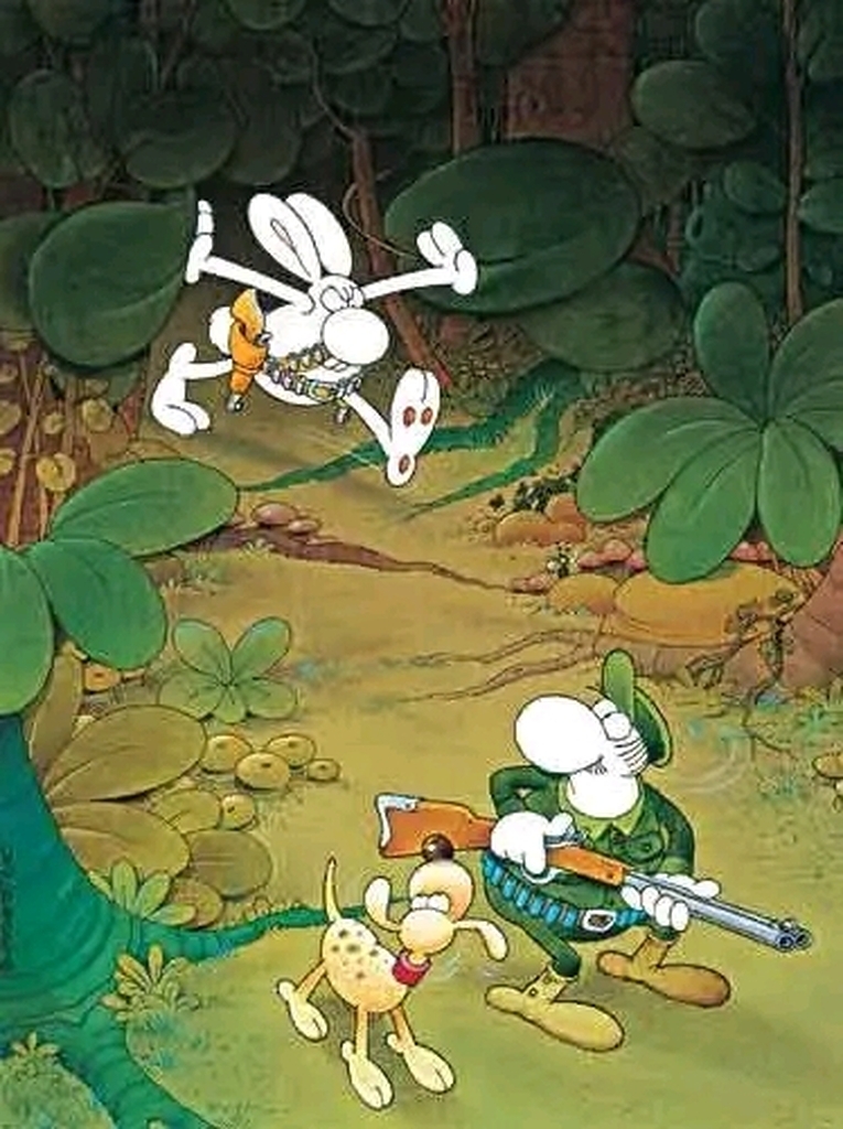 AI caption: a cartoon of a dog and a man in the woods, cartoon