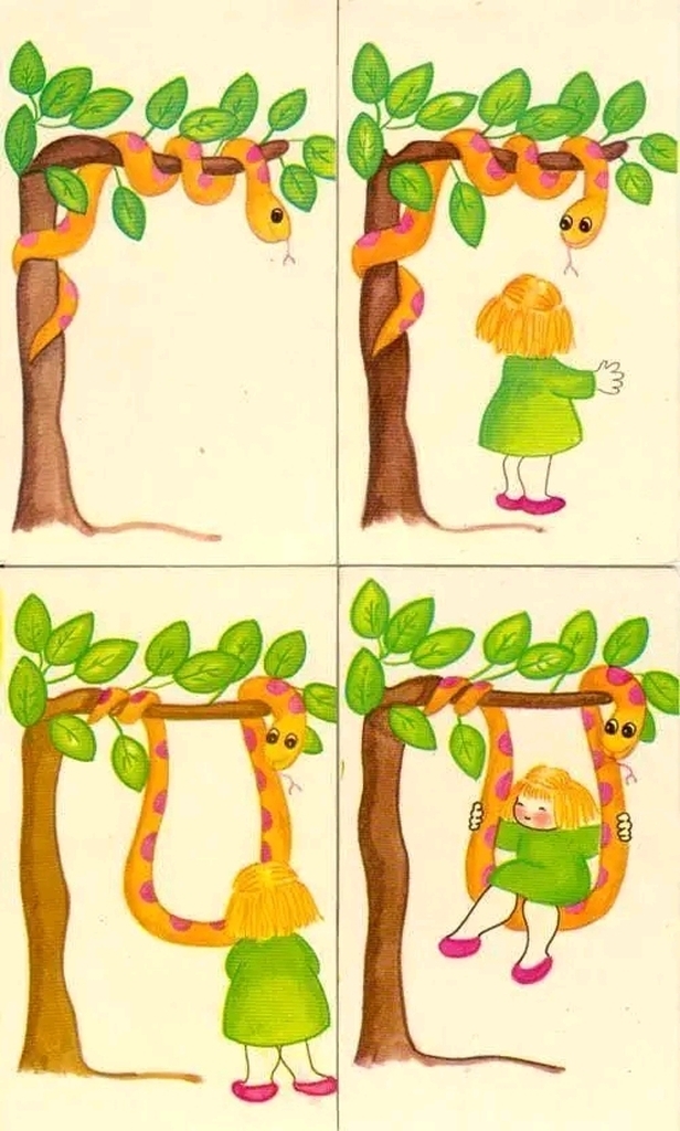 AI caption: a series of drawings of a girl hanging from a tree, a children's book