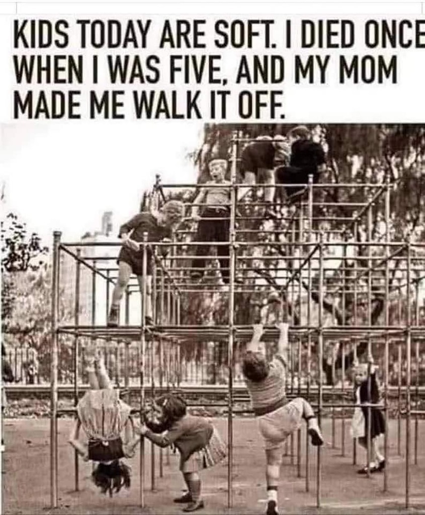 AI caption: kids today are soft, died once when i was five and my mom made me walk off, cartoon