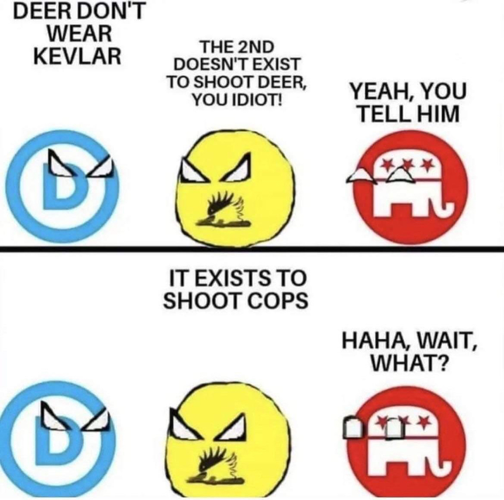 AI caption: a meme with the words deep don't shoot him it shoot cops what, cartoon