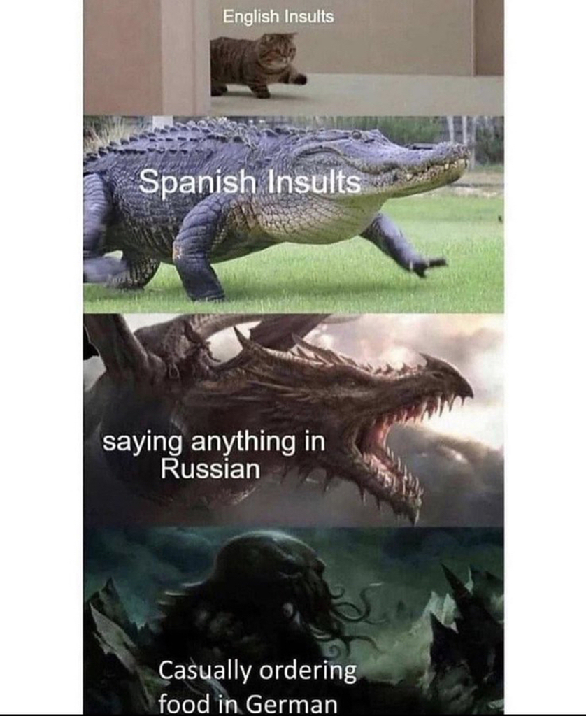AI caption: a picture of a crocodile with a caption saying spanish insinuations saying anything in russian food ordering in food, meme