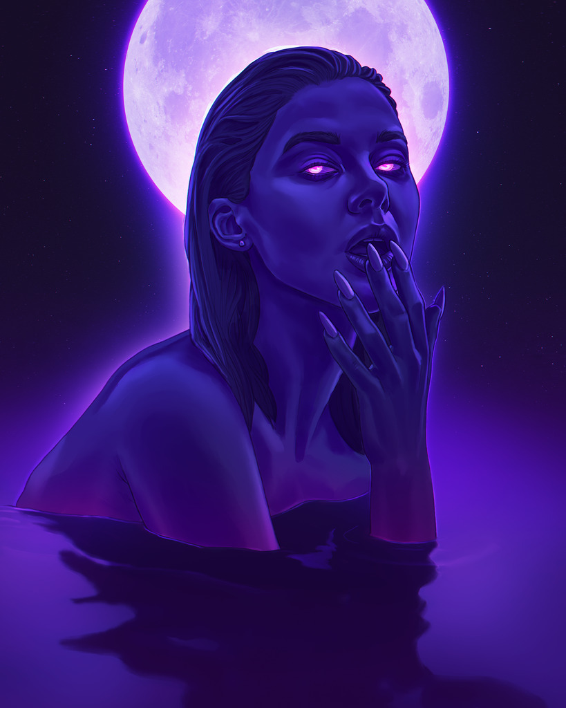 AI caption: a woman in the water with purple eyes and purple lips, dark art