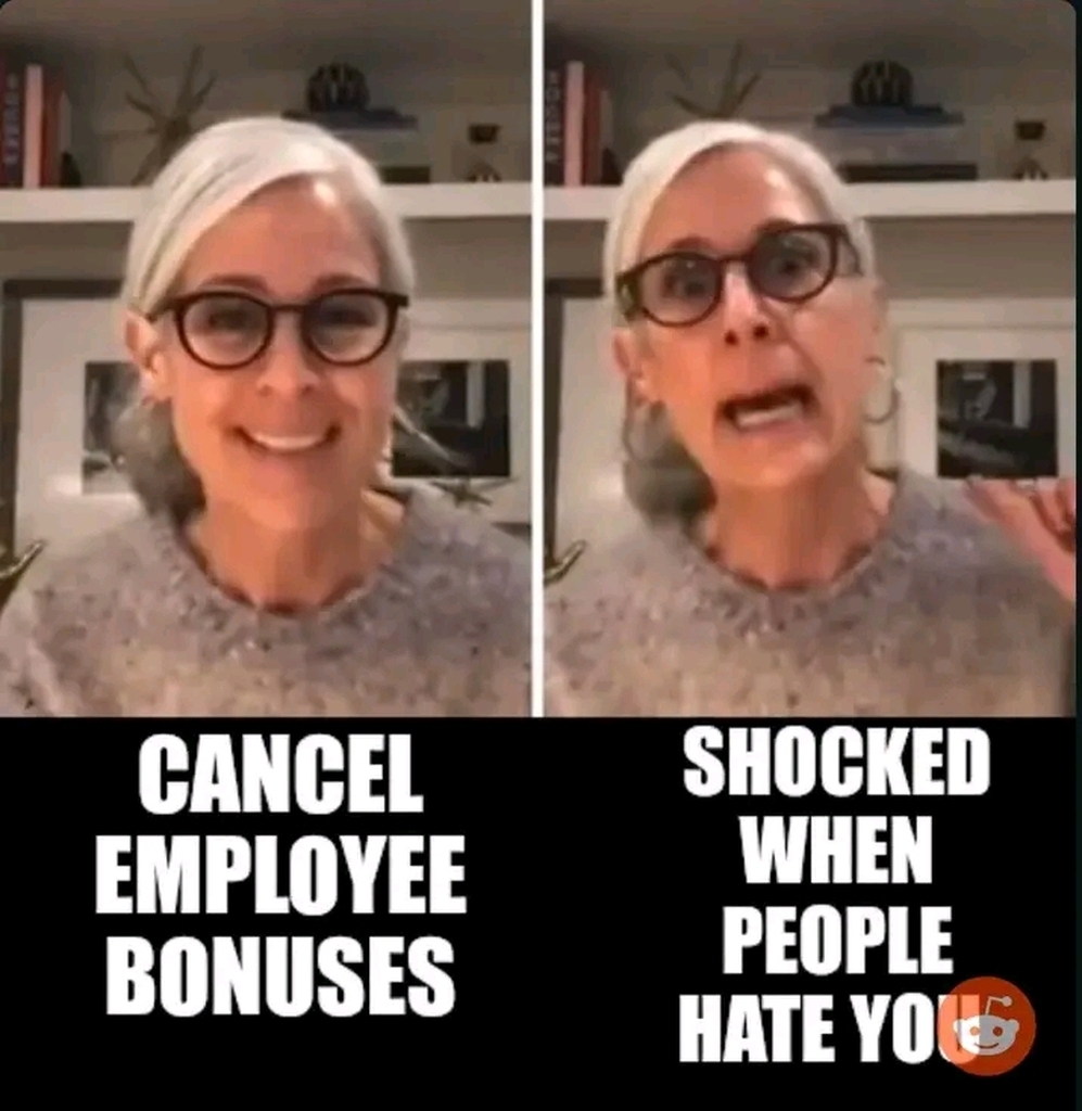 AI caption: a woman with glasses and a caption that says cancel shocked employee when people bonuses hate you, comic