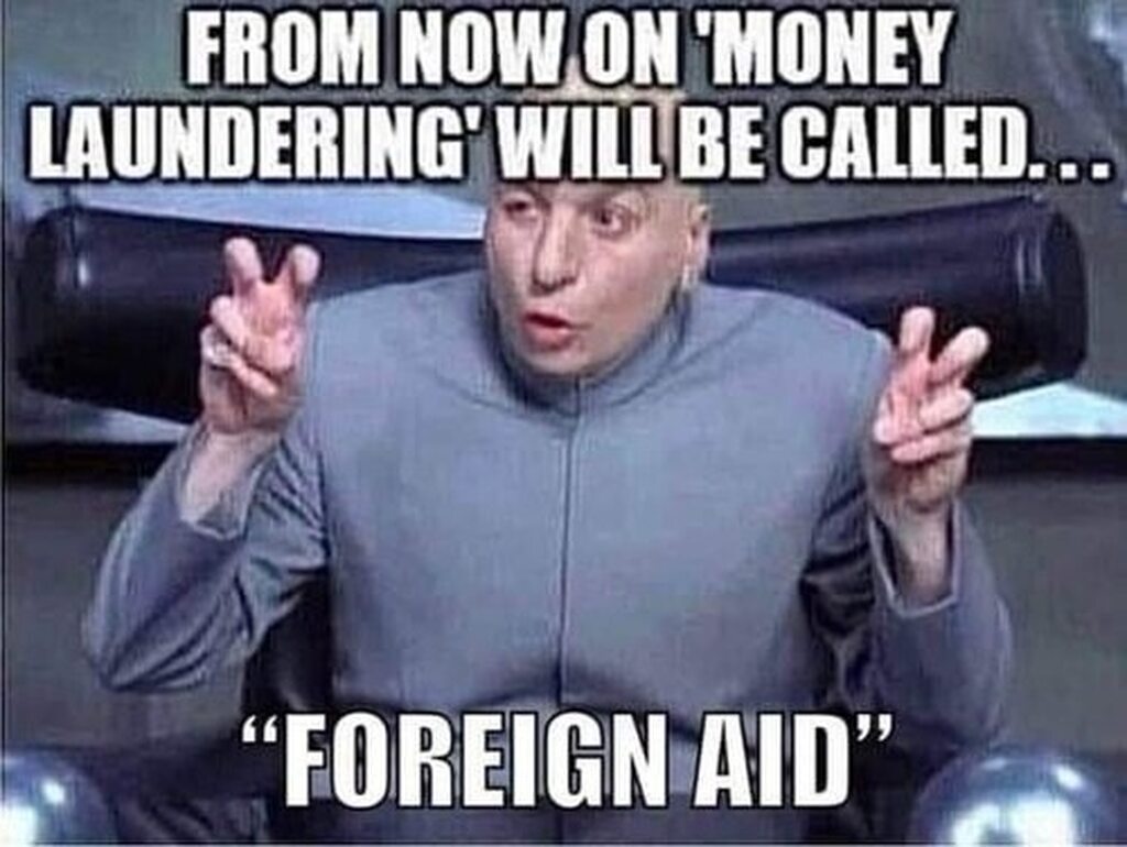 AI caption: a man with a sign that says from now on money laundering will be called foreign aid, comic