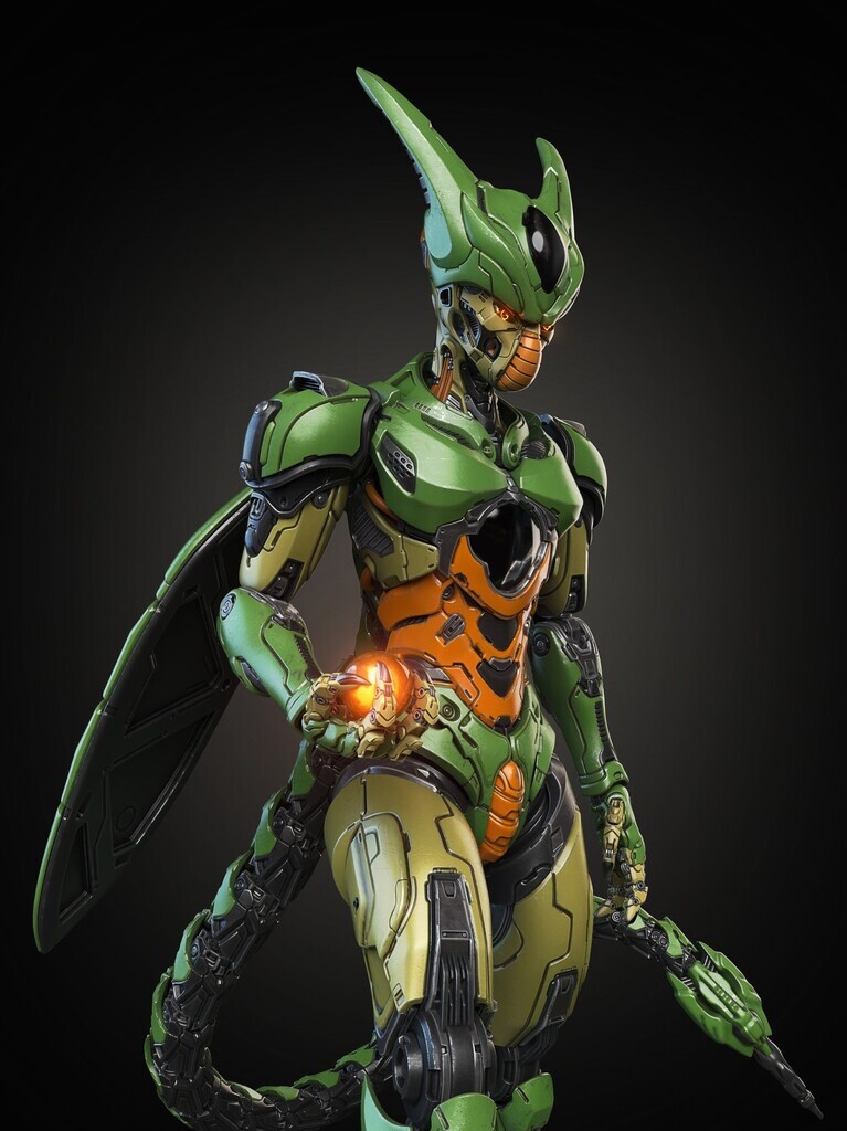 AI caption: a green and orange robot with a sword, comic book