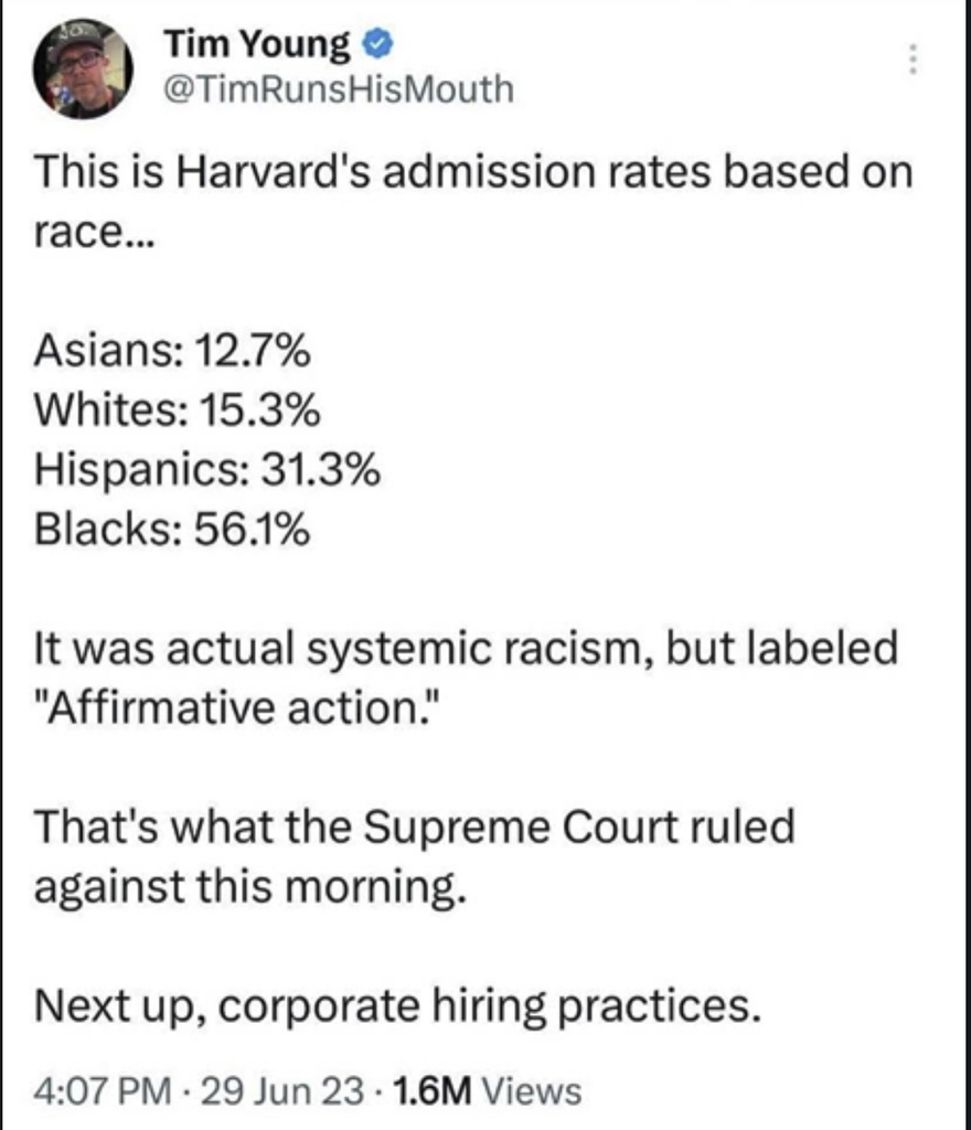 AI caption: a tweet about harvard admissions based on race, a tweet