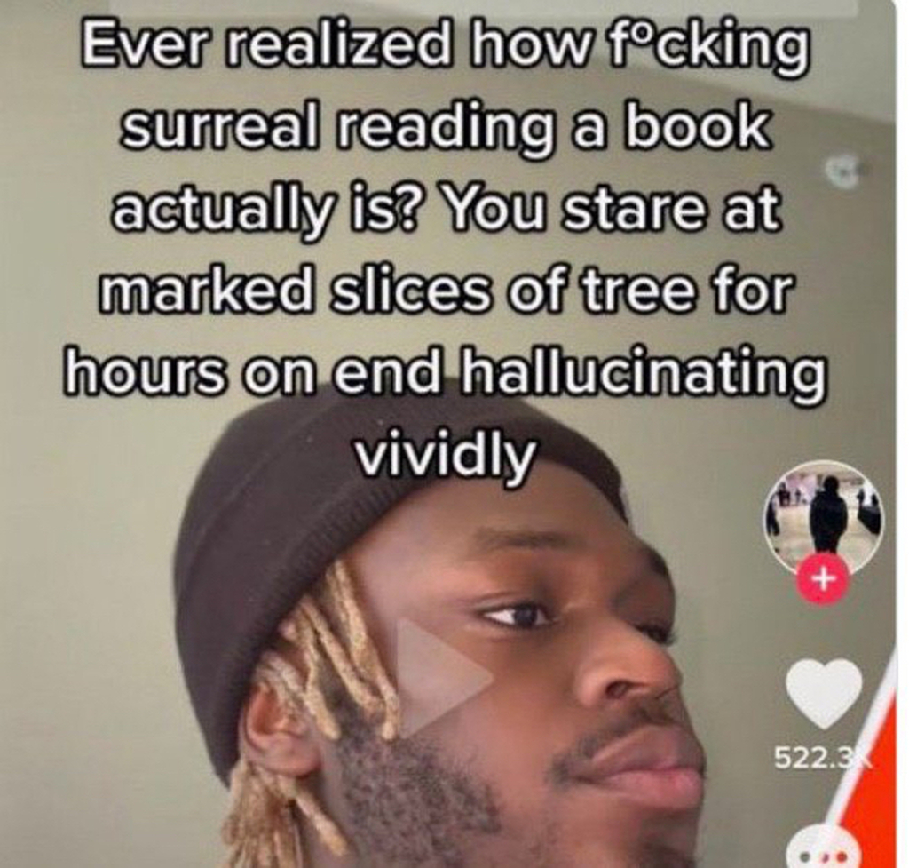 AI caption: a man with a hat and a text that says, ever realized how packing surreal reading a book actually is you sliced slices of tree hours, text