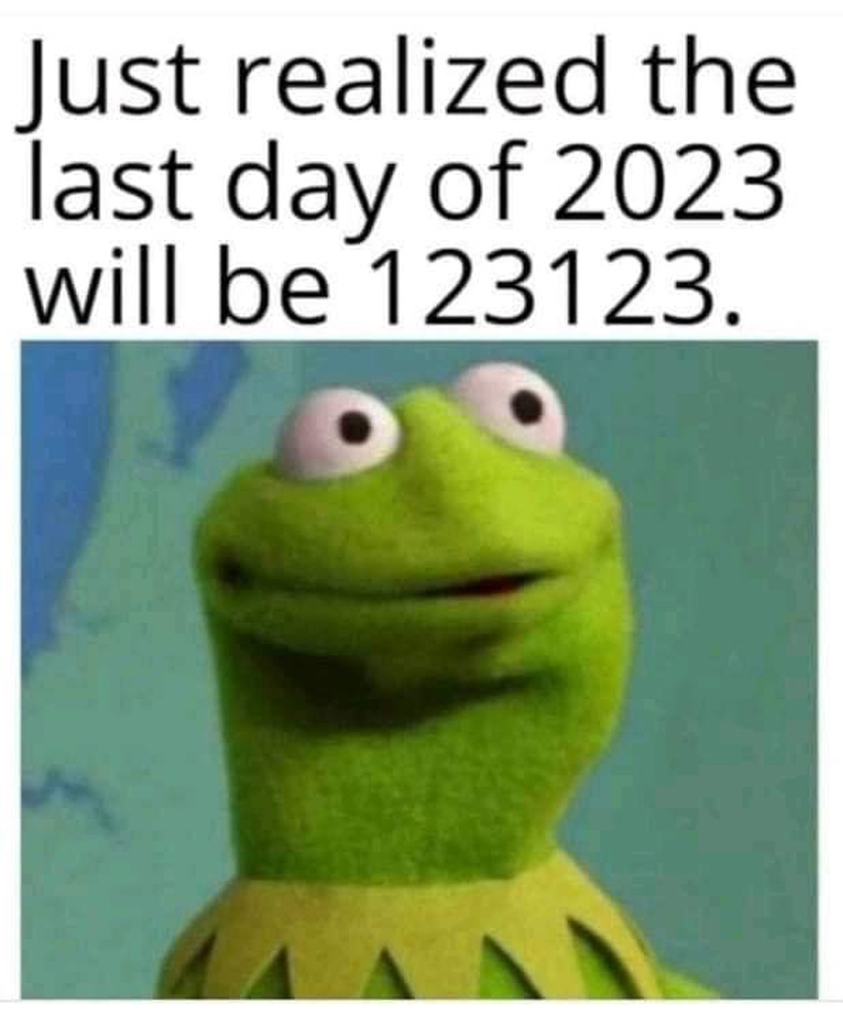 AI caption: a frog with the text just realized the last day of 2023 will be 1233, cartoon
