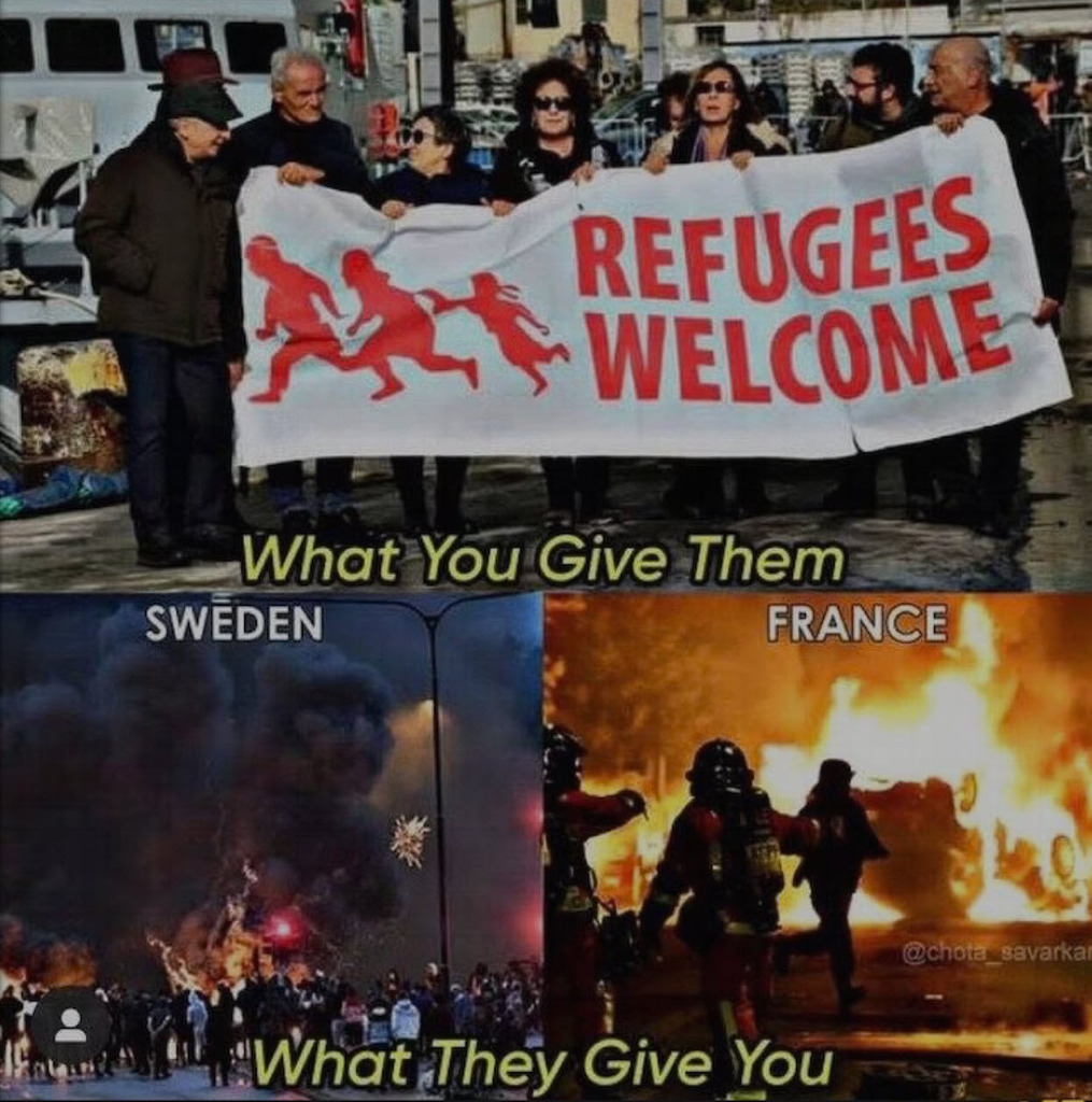 AI caption: refugees welcome what do you give them?, graphic design