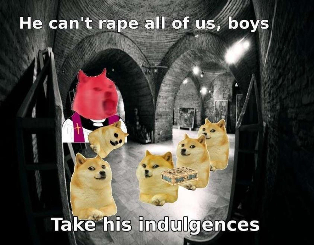 AI caption: a group of dogs in a tunnel with the text can't rape all of us boys take his indigenes, meme