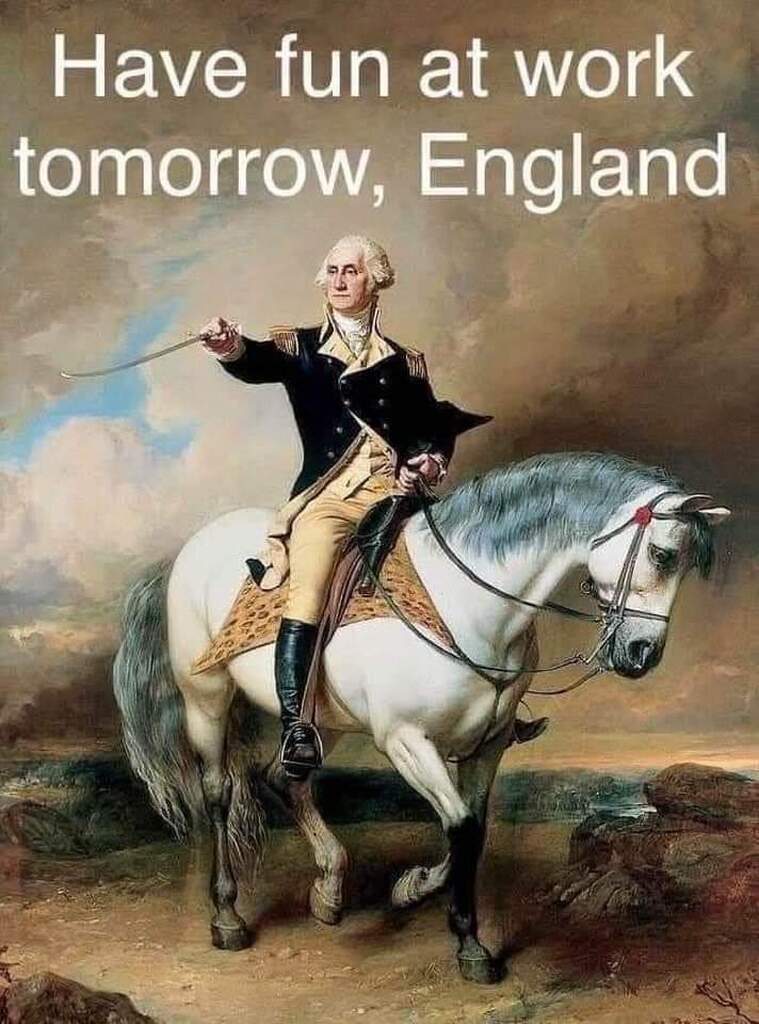 AI caption: a painting of george washington riding a horse with the words have fun at work tomorrow england, painting