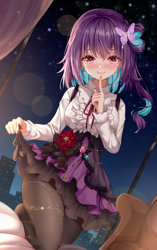 AI caption: a girl with purple hair sitting on a bed, anime