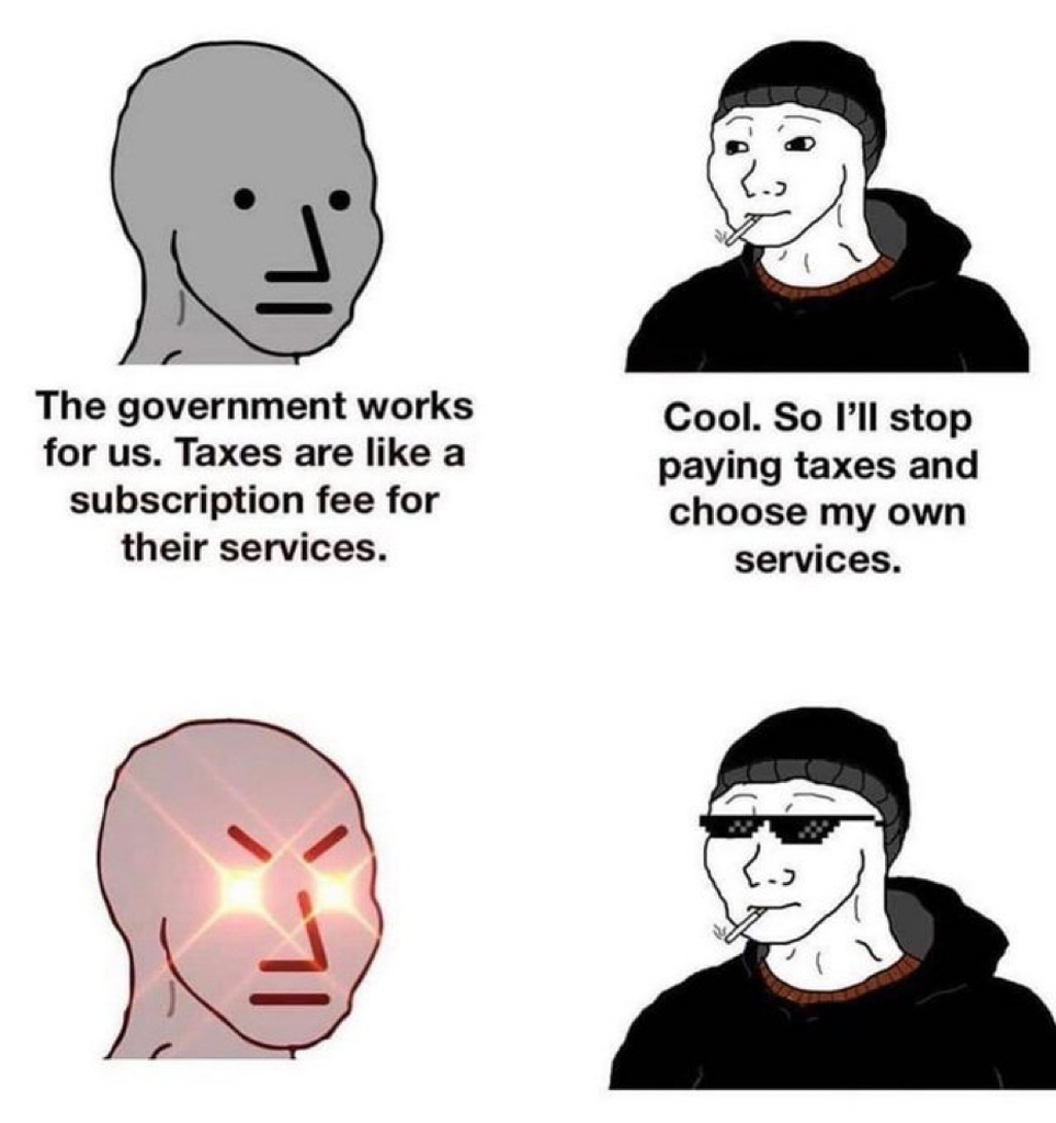 AI caption: the government works cool stop our tax works a subscription tax for your services, comic