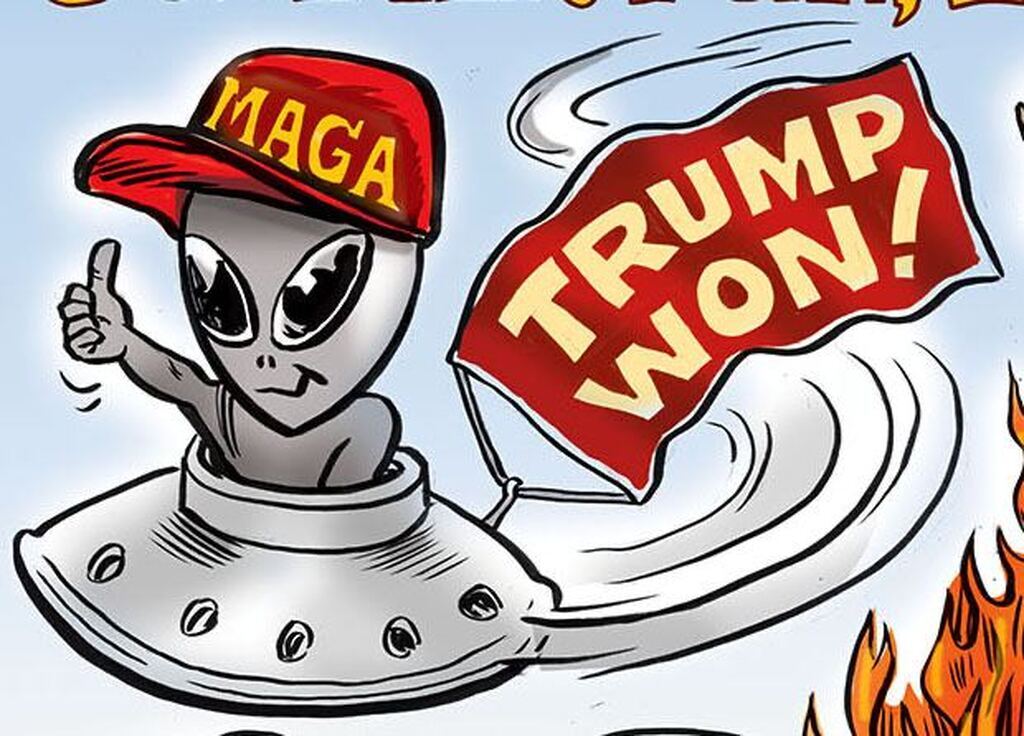 AI caption: a cartoon of an alien flying over a fire, cartoon