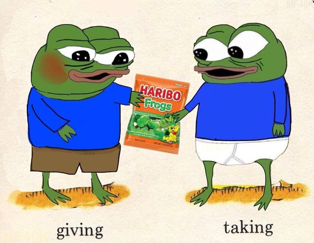 AI caption: two frogs holding a bag of frogs, cartoon