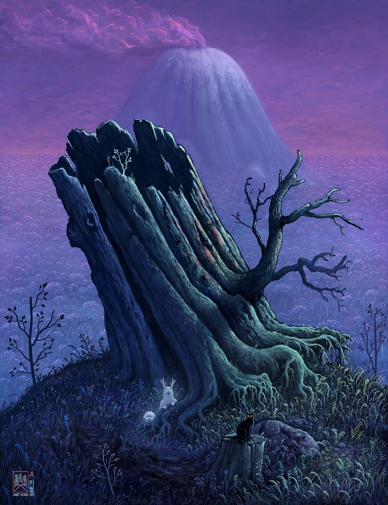 AI caption: a painting of a tree stump with a mountain in the background, abstract