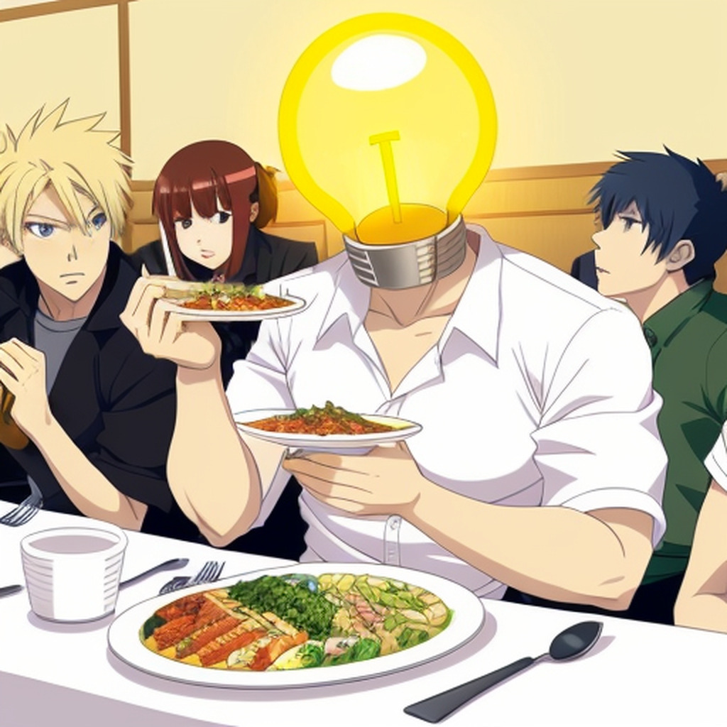 AI caption: a group of people eating food with a light bulb in their head, anime