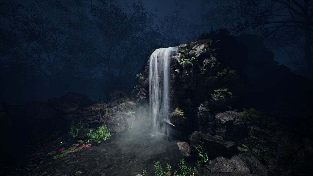 AI caption: a waterfall in the dark with a lot of plants, 3d