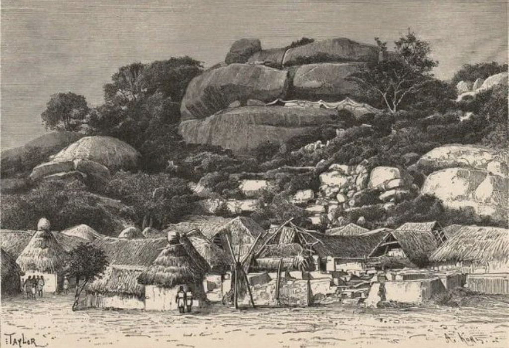 AI caption: a drawing of a village with a rock in the background, black and white