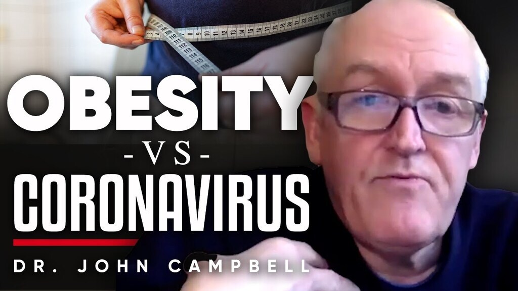 AI caption: a man with glasses is measuring his waist with the words obesity vs coronavirus, a black and white image