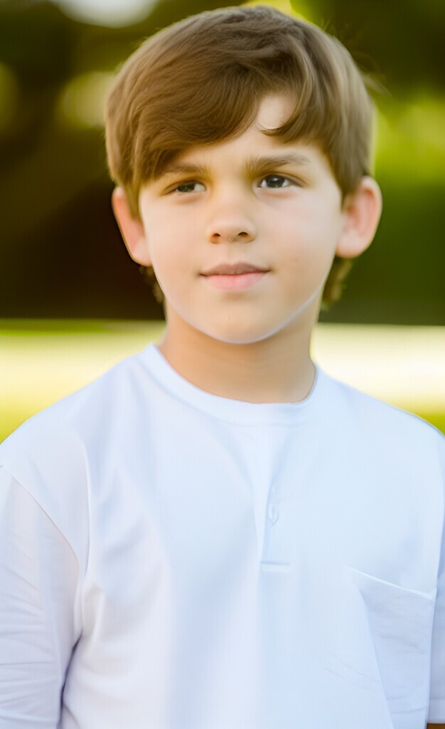 AI caption: a young boy in a white shirt is standing in a field, portrait
