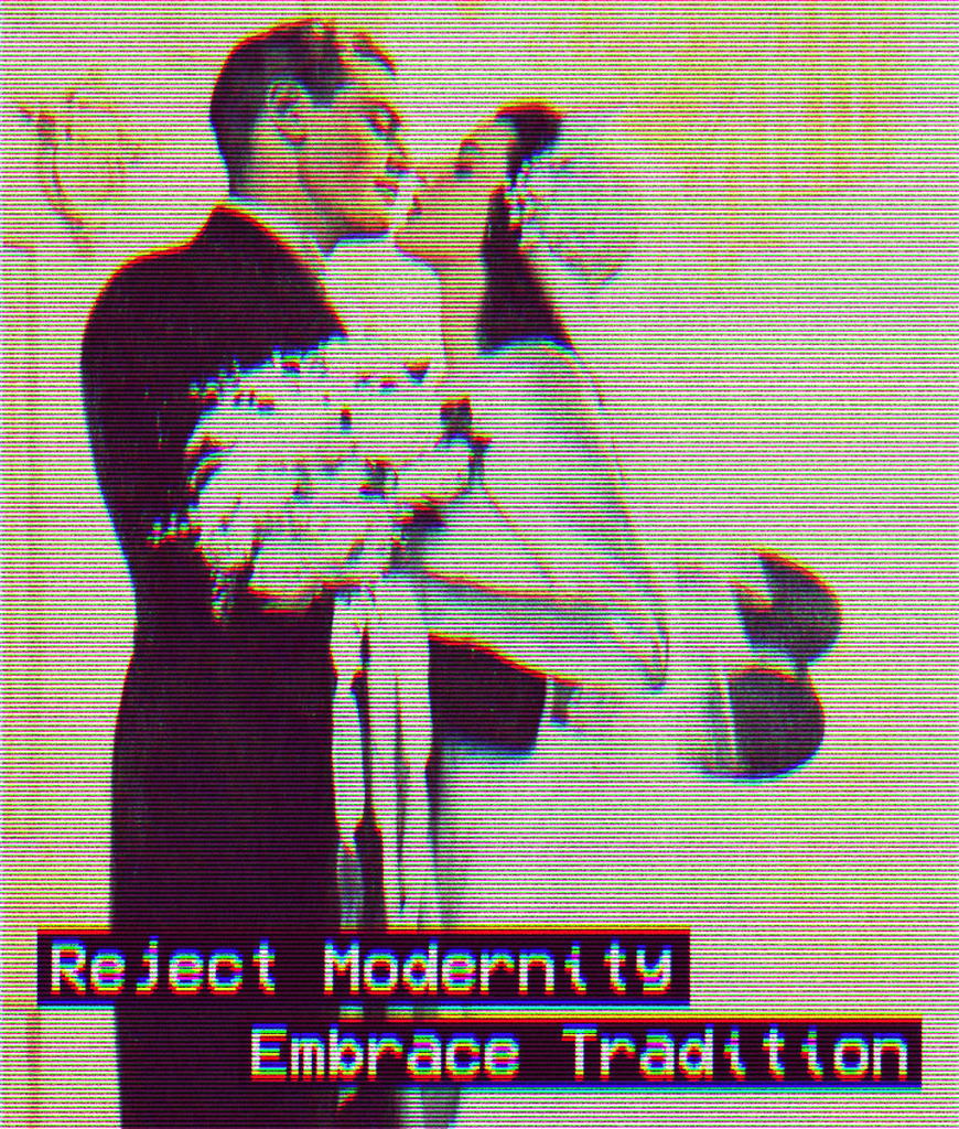 AI caption: a wedding photo with the words reject modernity embrace tradition, retro