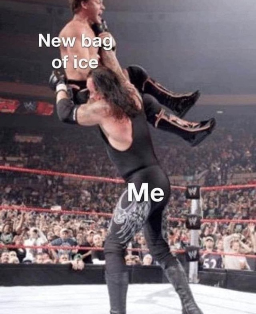 AI caption: a wrestler is holding a new bag of ice, meme