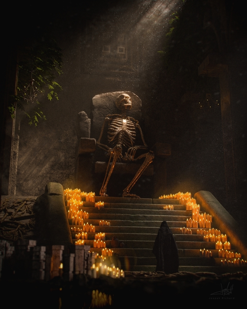 AI caption: a skeleton sitting on a chair in front of candles, dark fantasy
