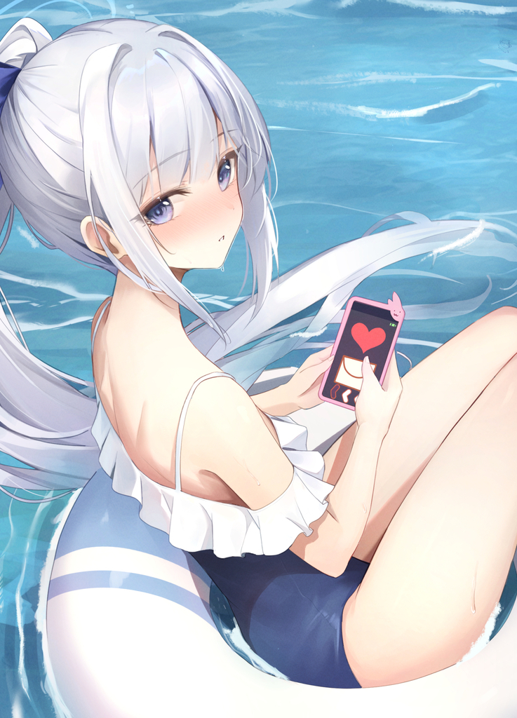 AI caption: a girl in a swimsuit holding a cell phone, anime
