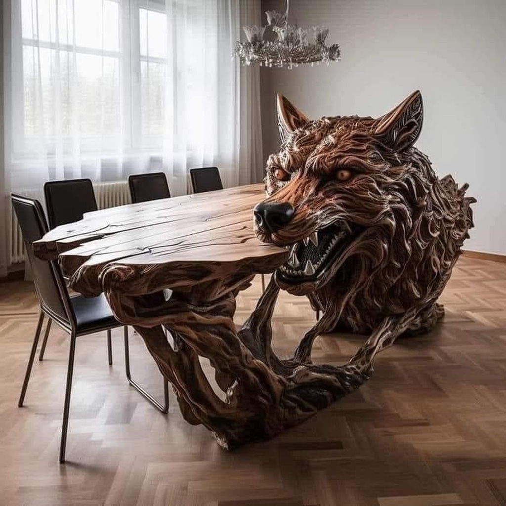 AI caption: a wooden table with a wolf head on it, art