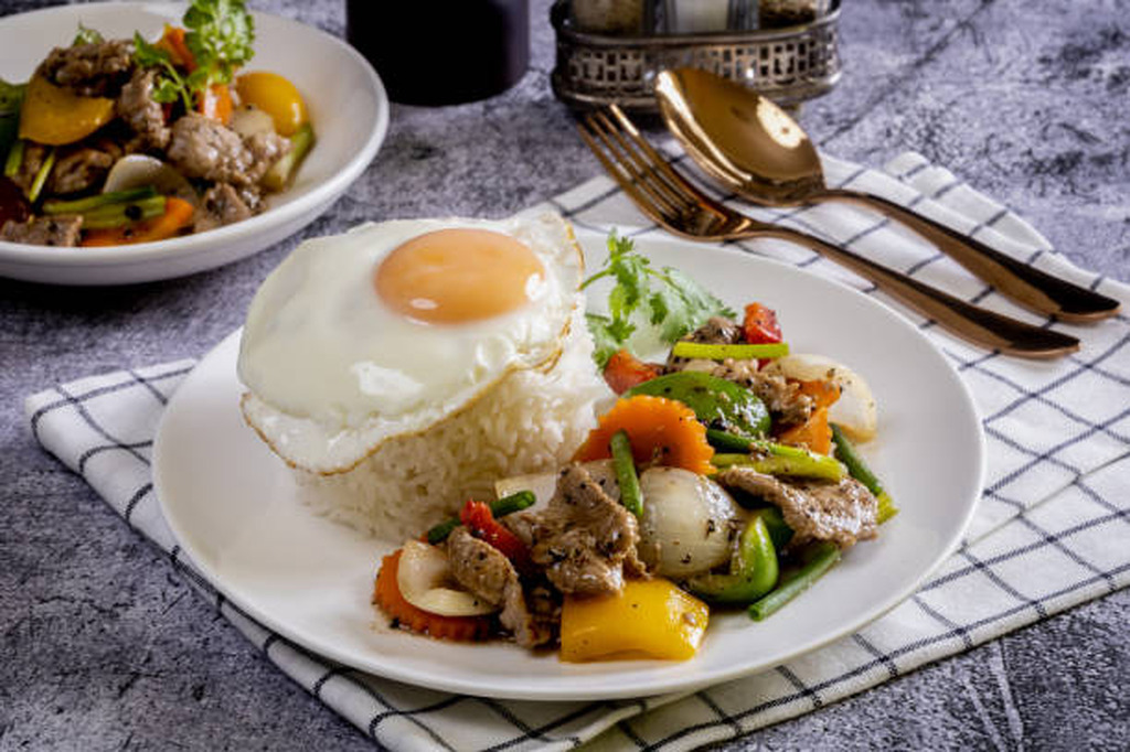 AI caption: a plate of rice and meat with an egg on it, flat style