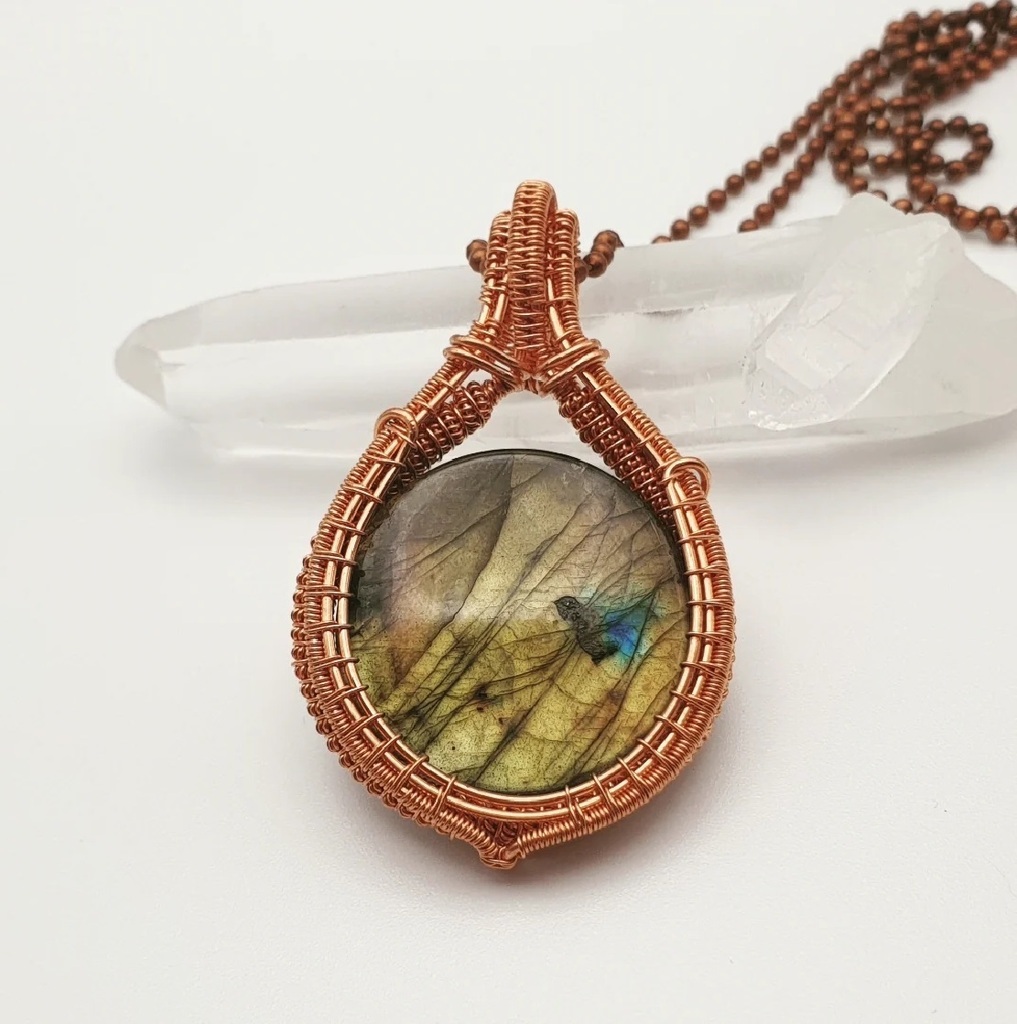 AI caption: labradorite pendant with copper wire, jewelry