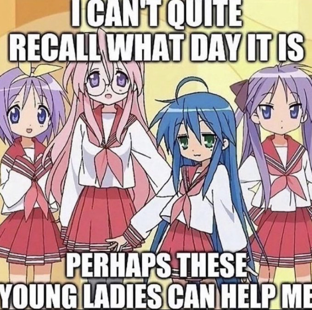 AI caption: a group of girls in school uniforms with the caption, i can't quite recall what day it is, anime