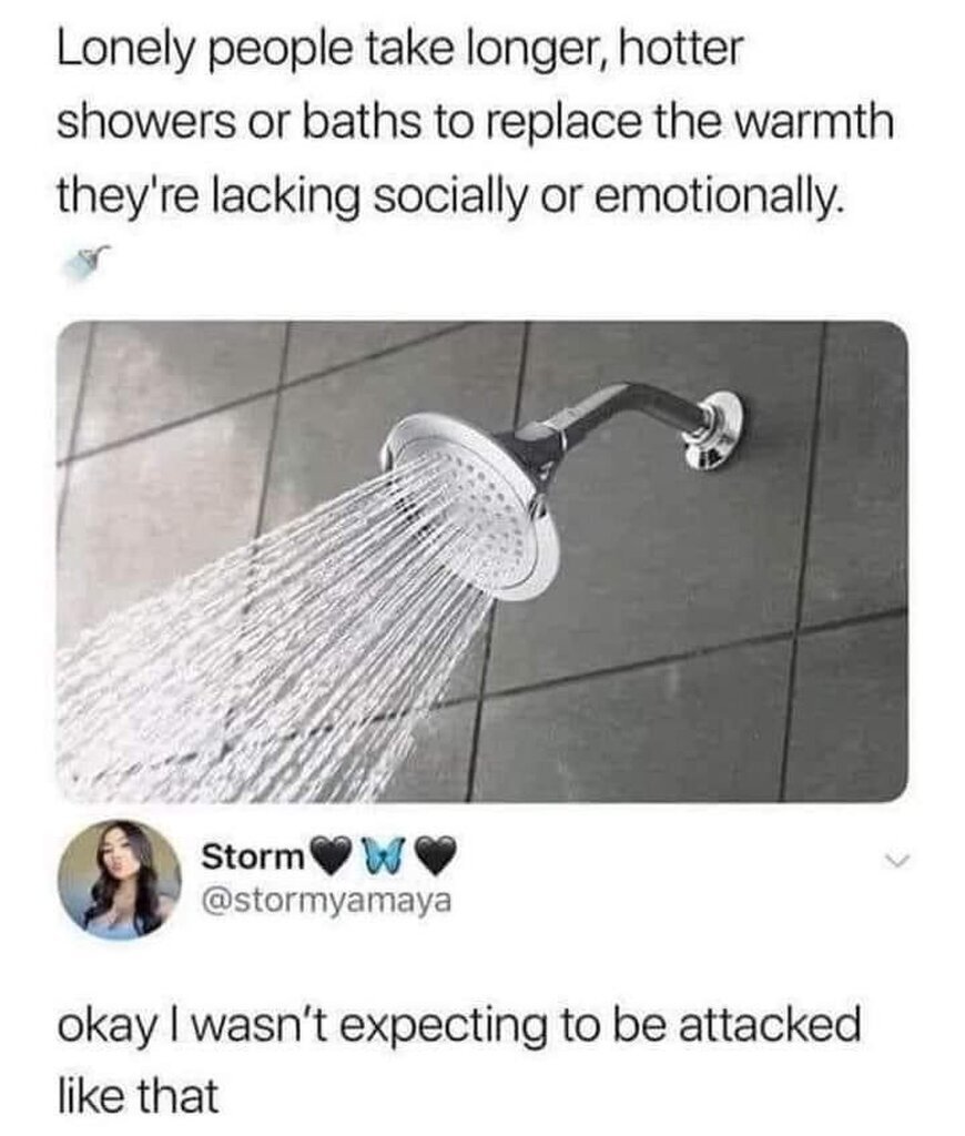 AI caption: a shower with a text saying, lonely people longer hotter showers or baths to replace the warmth they're locking social emotional like that that they're, meme