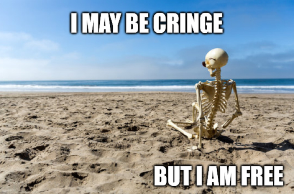 AI caption: skeleton sitting on the beach with the caption i may be crinkle but i am free, meme