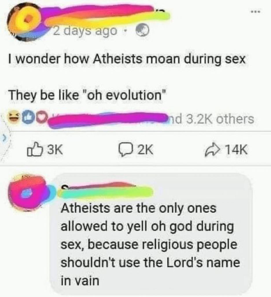 AI caption: a text message that says,'i wonder atheists moon during sex like they like evolution they allow atheists to name their god, meme