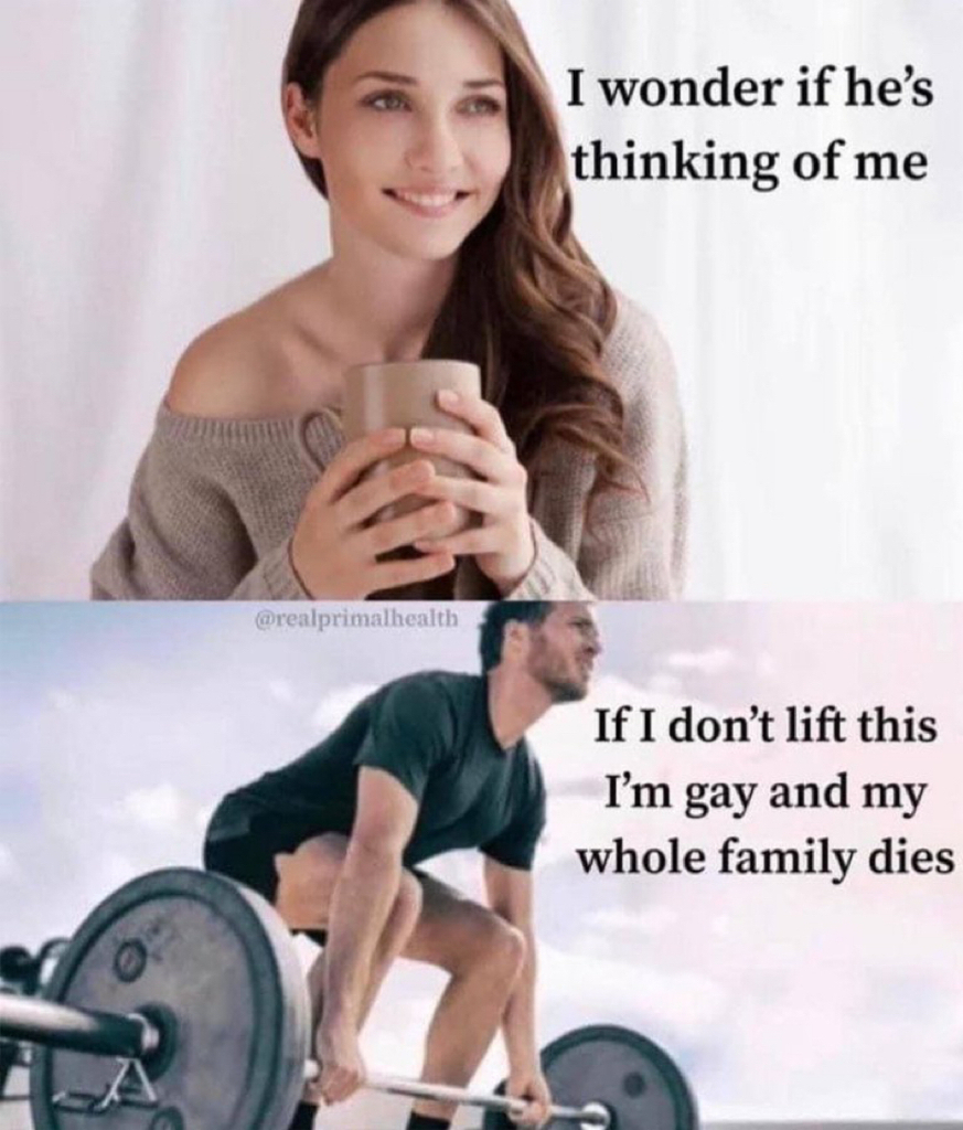 AI caption: a woman lifting a barbell with the caption, i wonder if he's thinking of me, meme