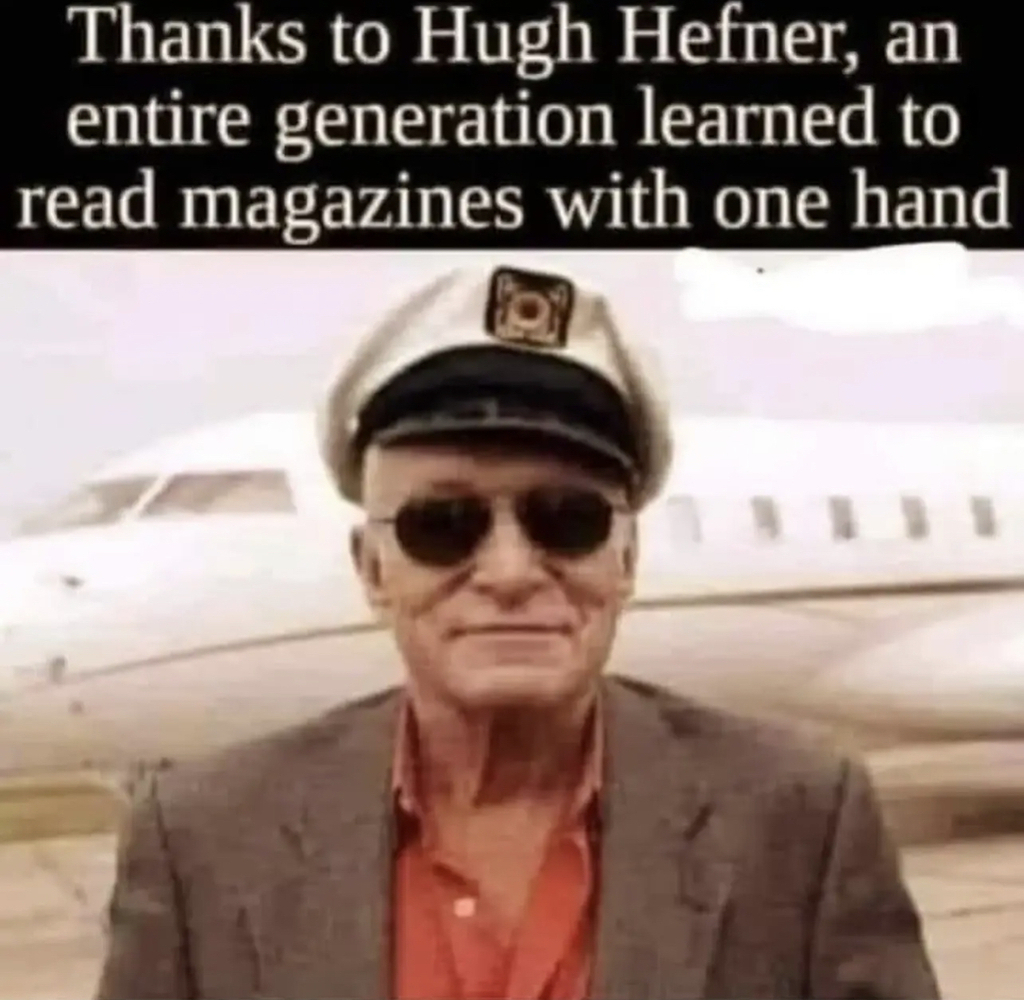 AI caption: thanks to hugh hefner, an entire generation learned to read magazines with one hand, a black and white image