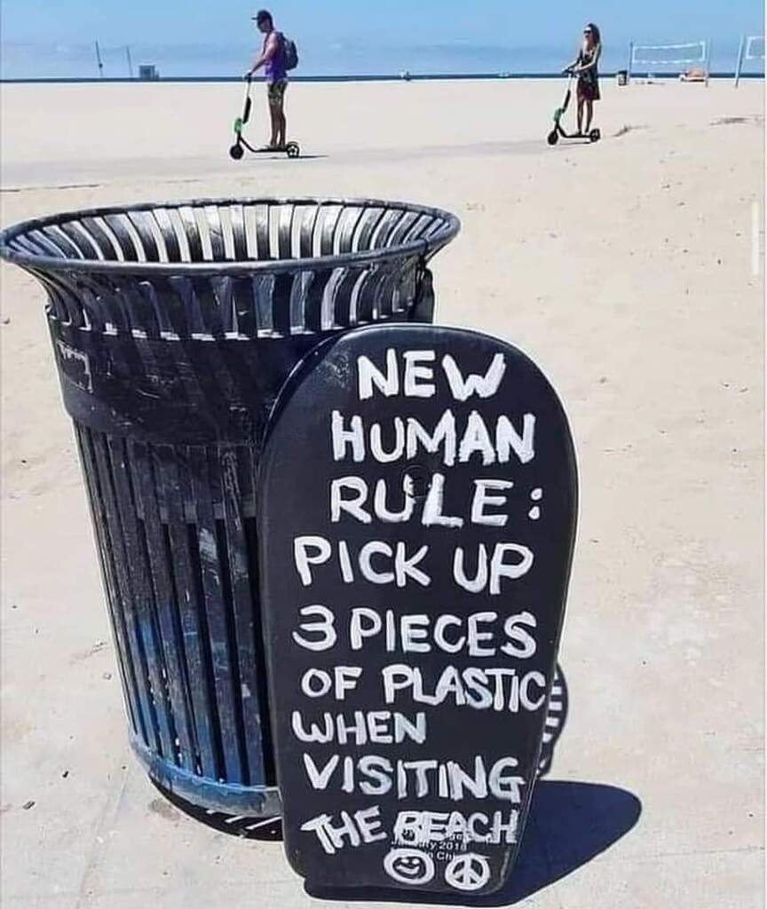 AI caption: a trash can with a sign that says new human rule pick up 3 pieces visiting the beach, black and white