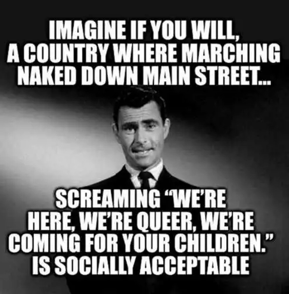 AI caption: a man in a suit and tie with the words imagine if you will country marching naked main street screaming your children are socially, black and white