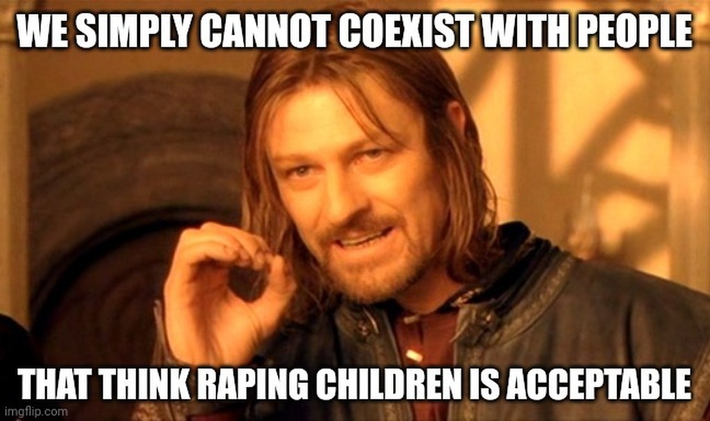 AI caption: a man with a hat and a t-shirt saying,simply cannot cook with people that think raping children is acceptable, meme