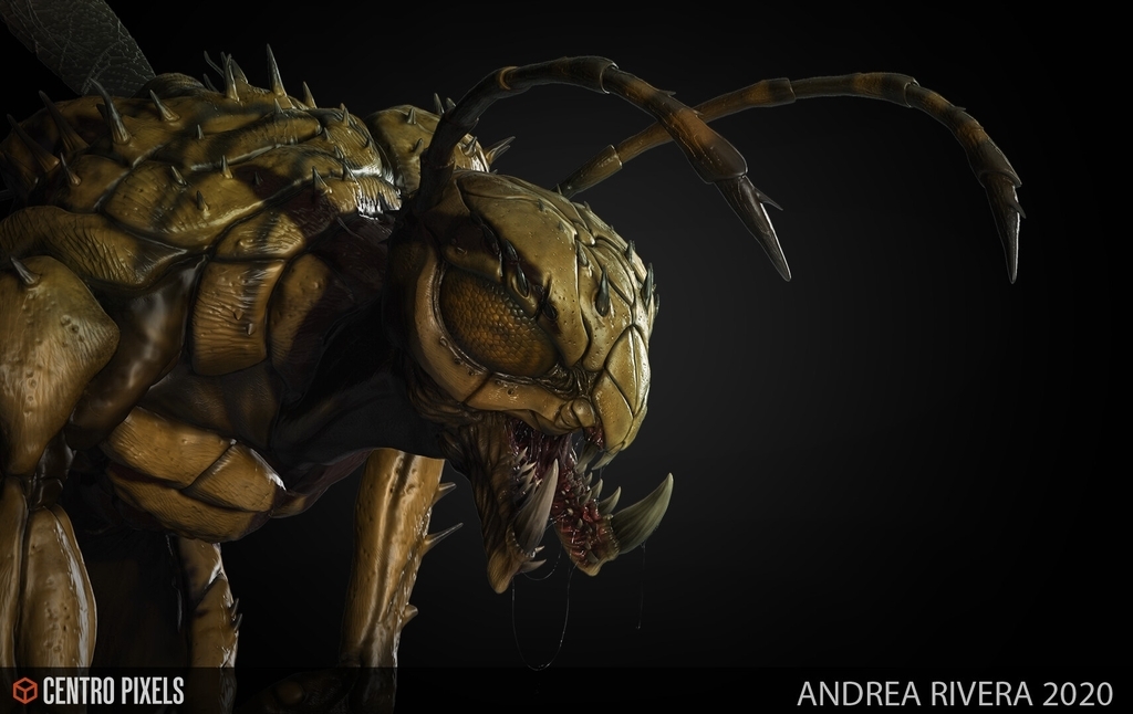 AI caption: a yellow insect with a large head and a long tail, 3d