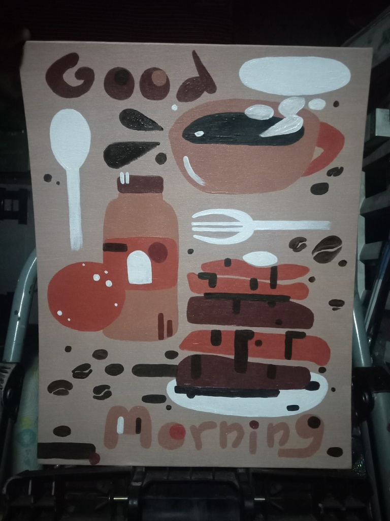 AI caption: a painting with a coffee cup, spoon, and a plate, abstract