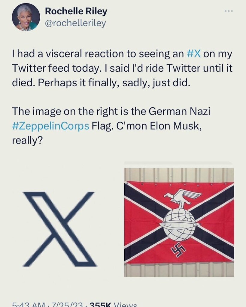 AI caption: a tweet with a nazi flag and a message, a black and white image