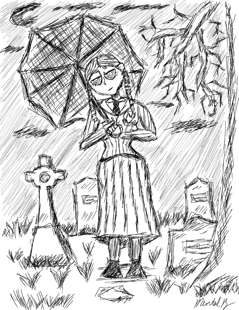 AI caption: a drawing of a woman holding an umbrella in a cemetery, black and white