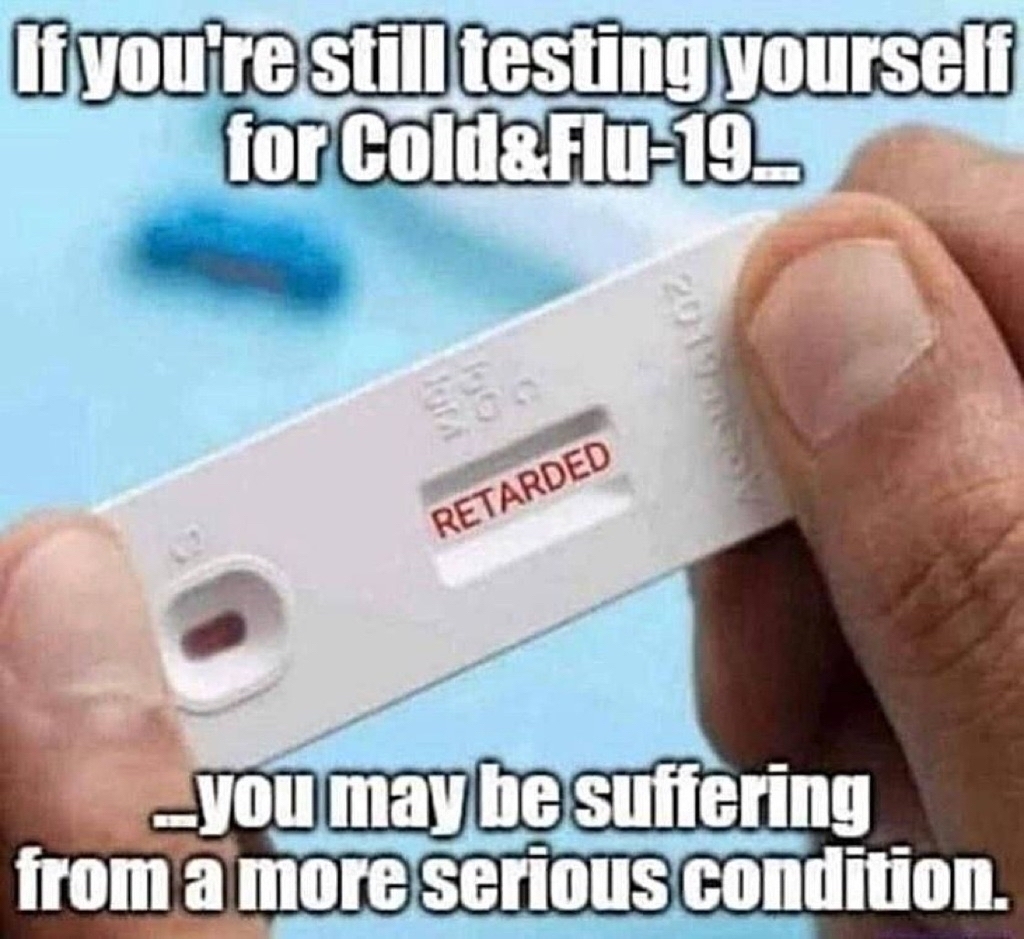 AI caption: a person holding a test that says if you're still testing yourself for cold flu 19 you may have a more serious condition, comic