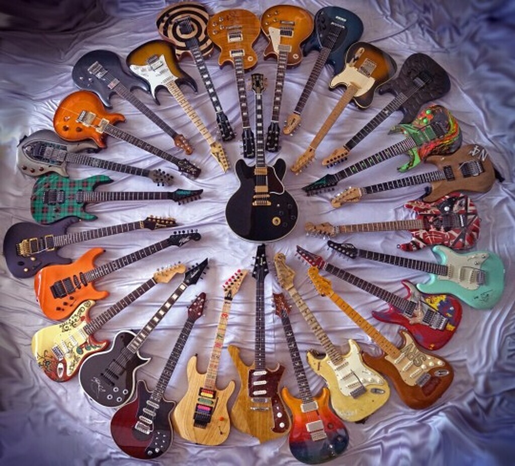 AI caption: a collection of guitars arranged in a circle, collage